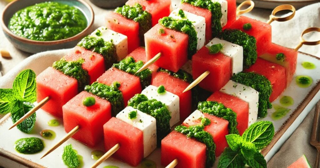 To elevate your snacking experience this summer, try these refreshing watermelon skewers topped with creamy feta and a homemade mint pesto.