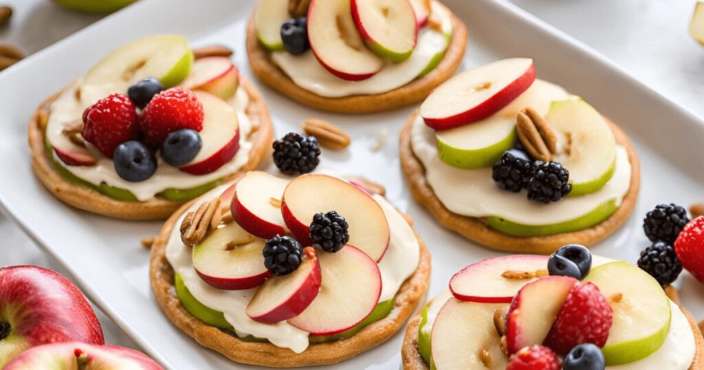 All you need for a fun and nutritious dessert are these delightful mini apple pizzas! With peanut butter spread over crisp apple rings and topped with fresh, fruity ingredients, they make a great low-calorie snack for both kids and adults.