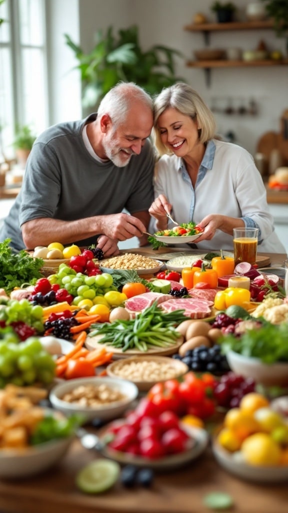 A couple enjoying a healthy meal together surrounded by a variety of fresh fruits and vegetables.